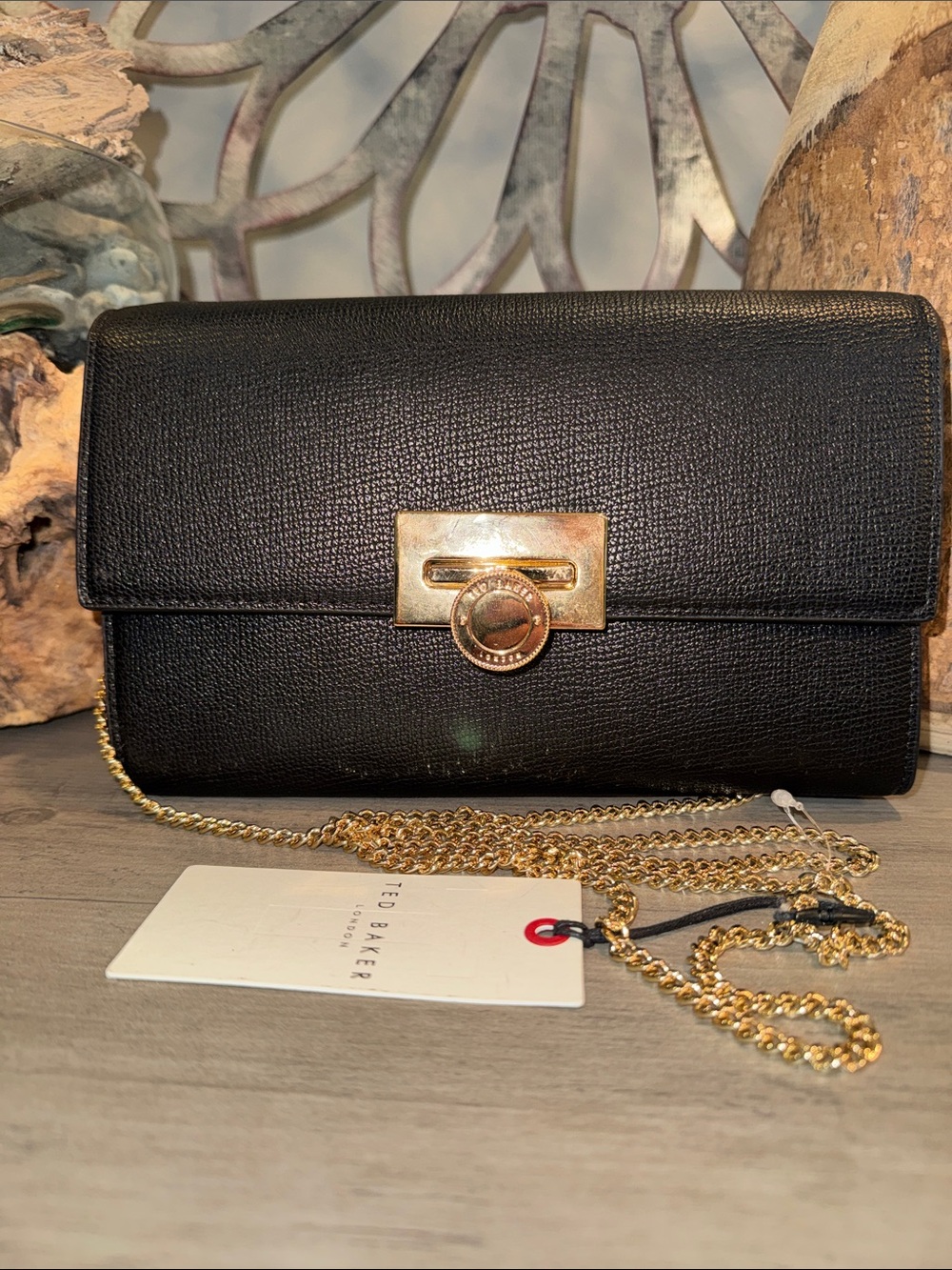 Ted Baker Black Leather Crossbody with Gold Chain and Flip-Lock